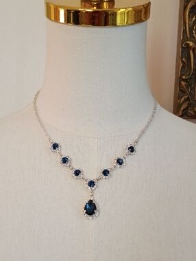 Silver Tone Blue Crystal Pendant Necklace Teardrop Statement